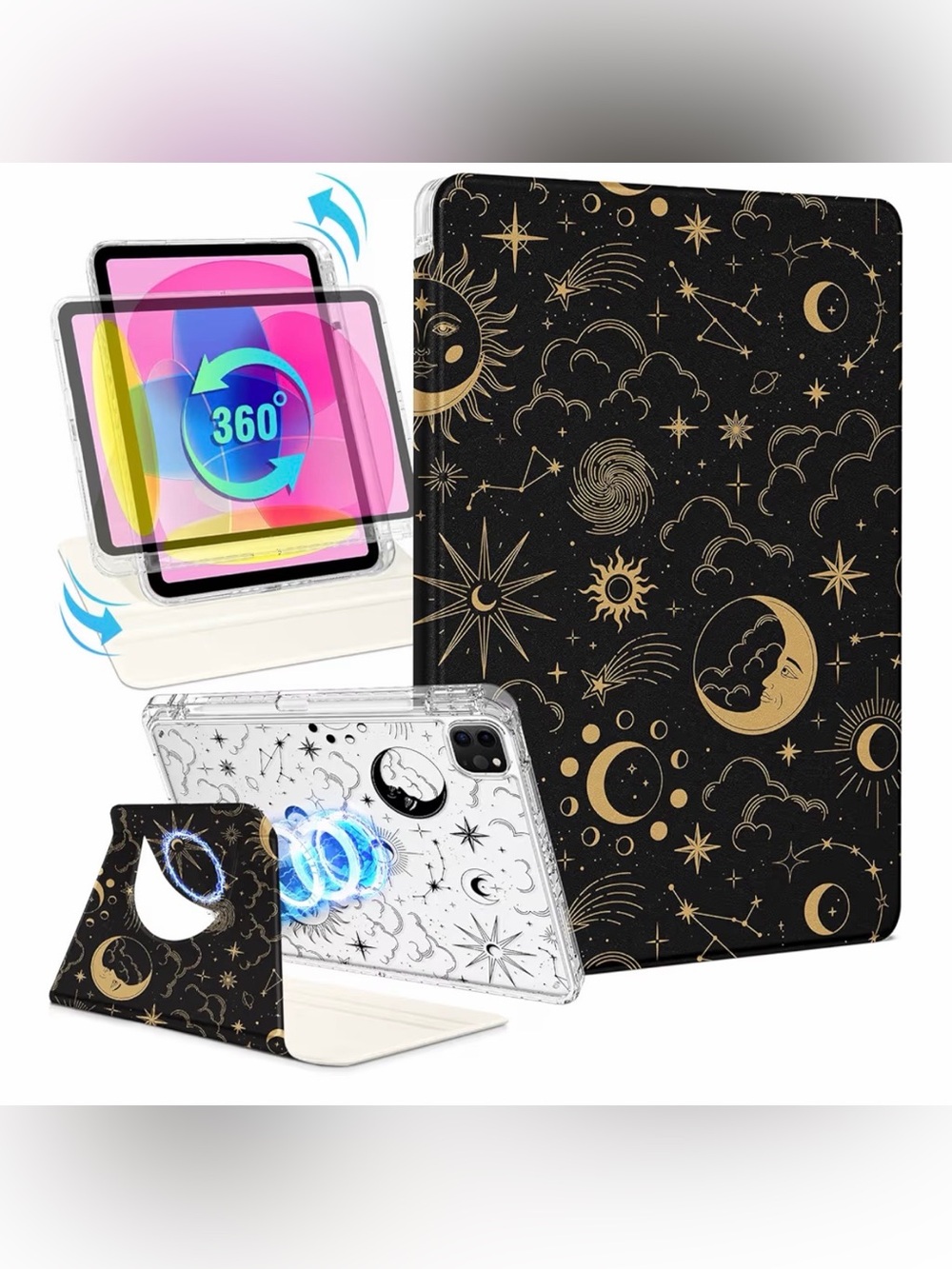 Celestial Moon & Star Tablet Case - Black with Gold Print